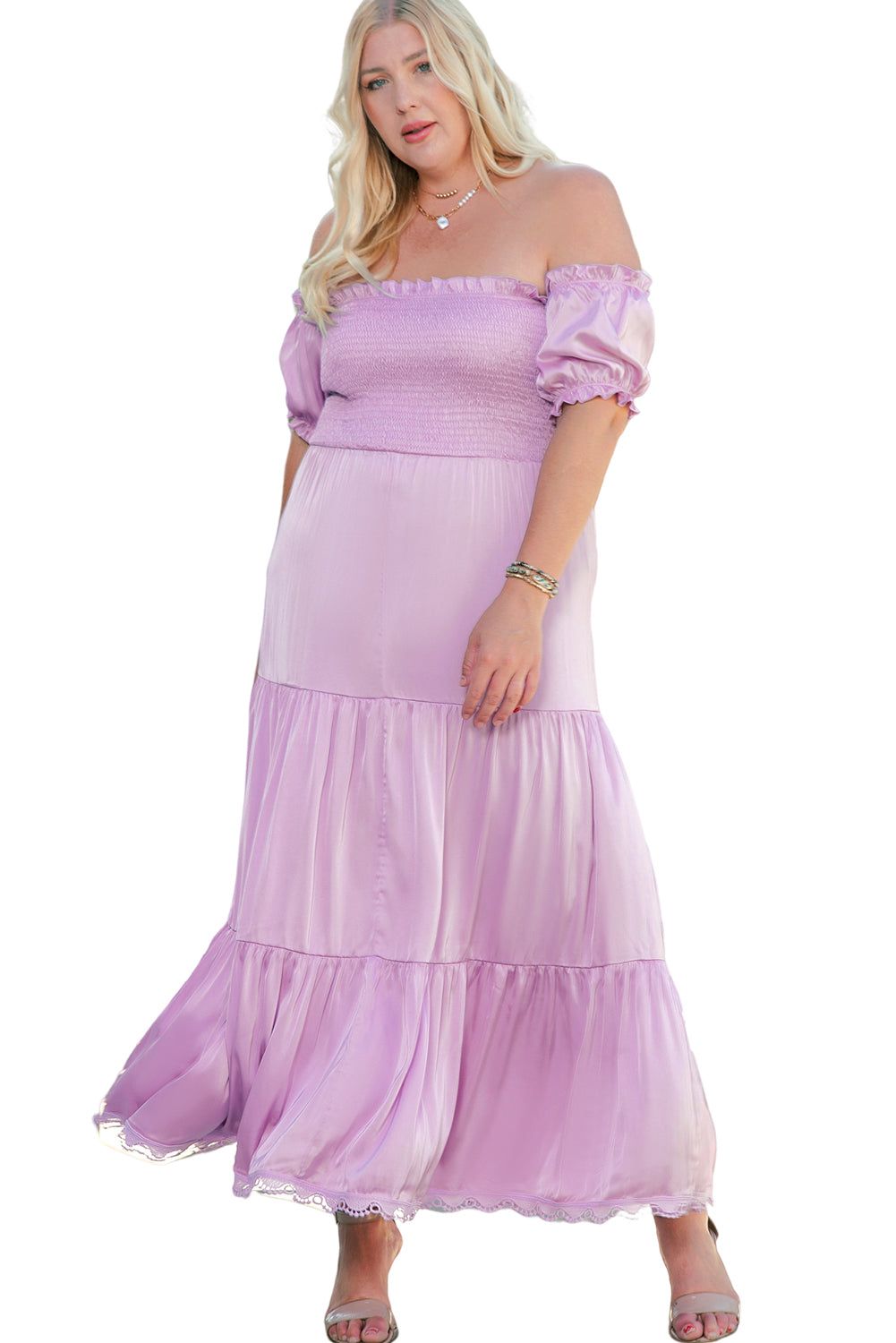 Purple Ruffled Smocked Off Shoulder Plus Size Maxi Dress - Yara fashion  1251073 Purple Ruffled Smocked Off Shoulder Plus Size Maxi Dress 