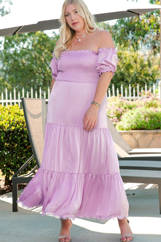 Purple Ruffled Smocked Off Shoulder Plus Size Maxi Dress - Yara fashion  8301555 Purple Ruffled Smocked Off Shoulder Plus Size Maxi Dress 