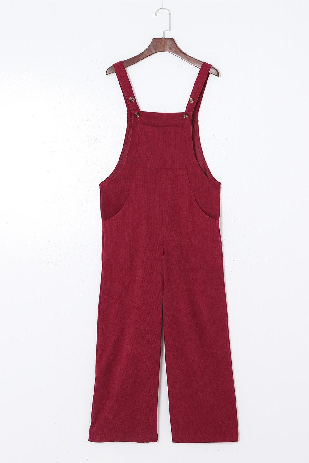 Red Corduroy Side Pockets Wide Leg Overall - Yara fashion  60993034 Red Corduroy Side Pockets Wide Leg Overall 