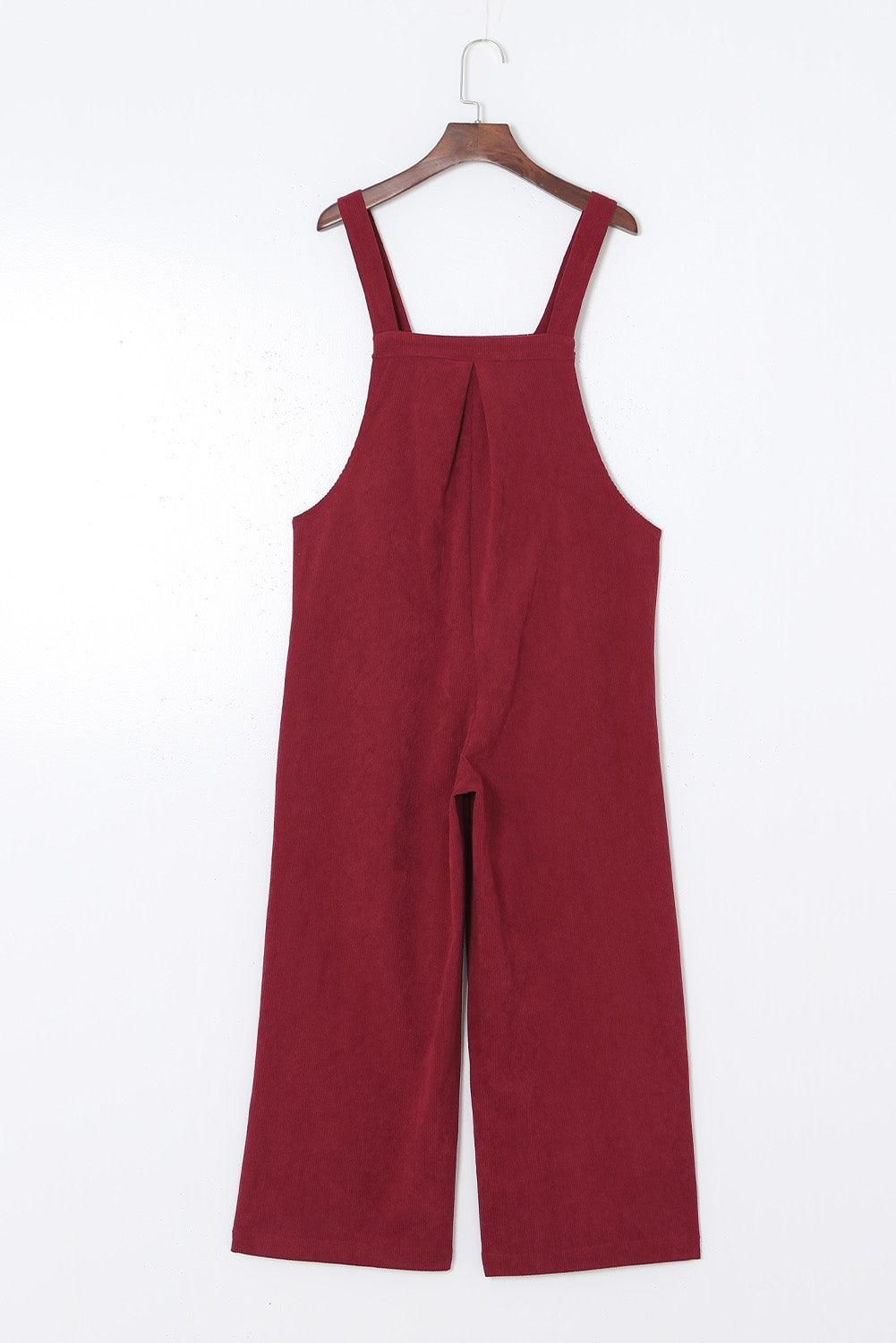 Red Corduroy Side Pockets Wide Leg Overall - Yara fashion  26465381 Red Corduroy Side Pockets Wide Leg Overall 