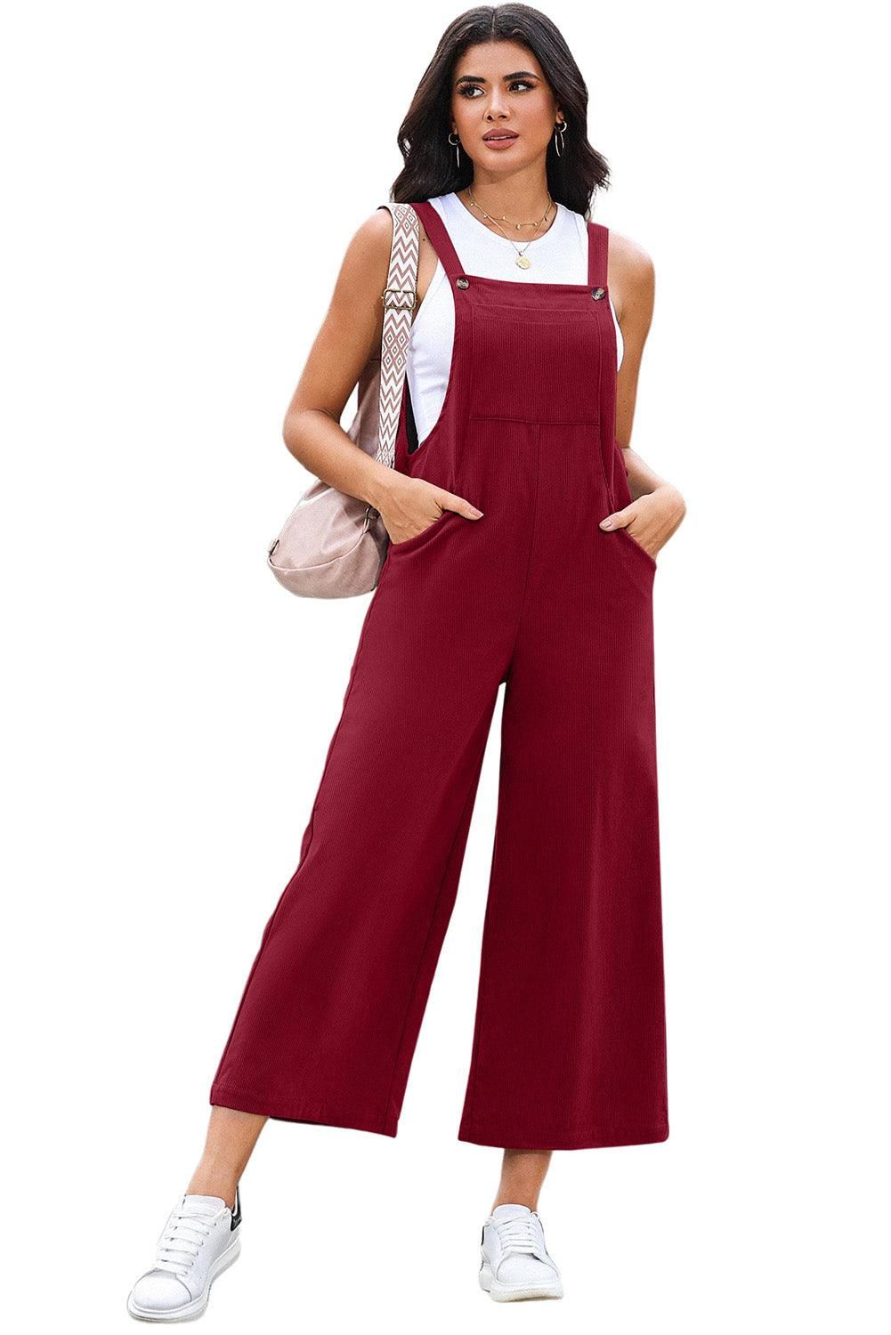 Red Corduroy Side Pockets Wide Leg Overall - Yara fashion  13958923 Red Corduroy Side Pockets Wide Leg Overall 