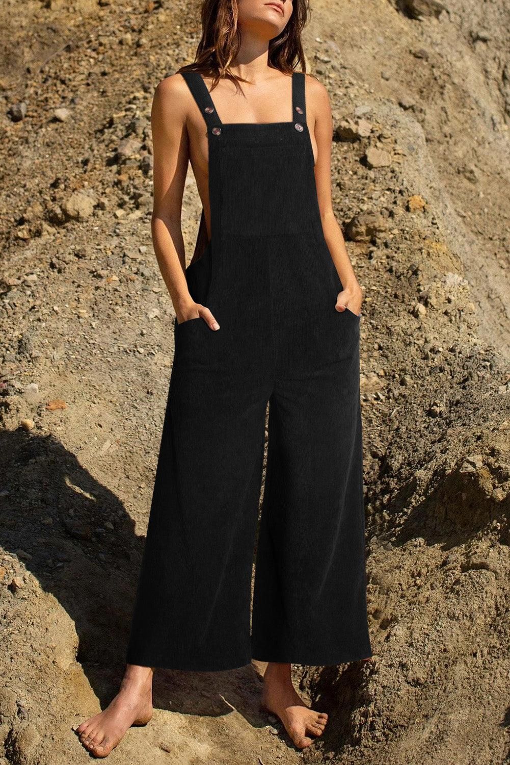 Red Corduroy Side Pockets Wide Leg Overall - Yara fashion  53263112 Red Corduroy Side Pockets Wide Leg Overall 