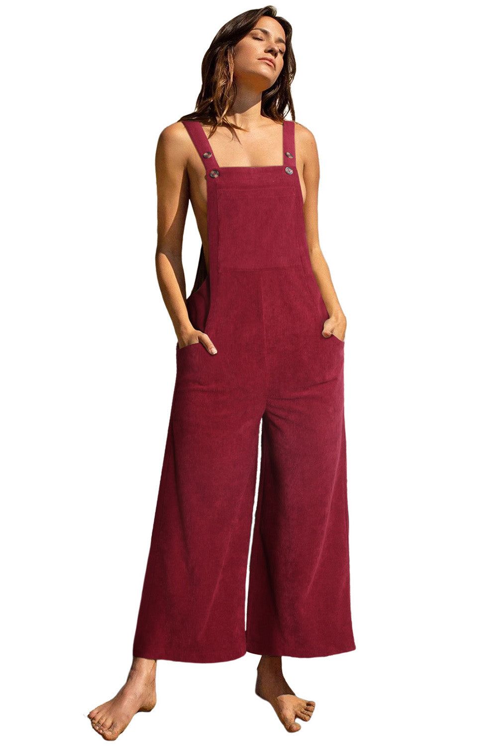 Red Corduroy Side Pockets Wide Leg Overall - Yara fashion  95418620 Red Corduroy Side Pockets Wide Leg Overall 