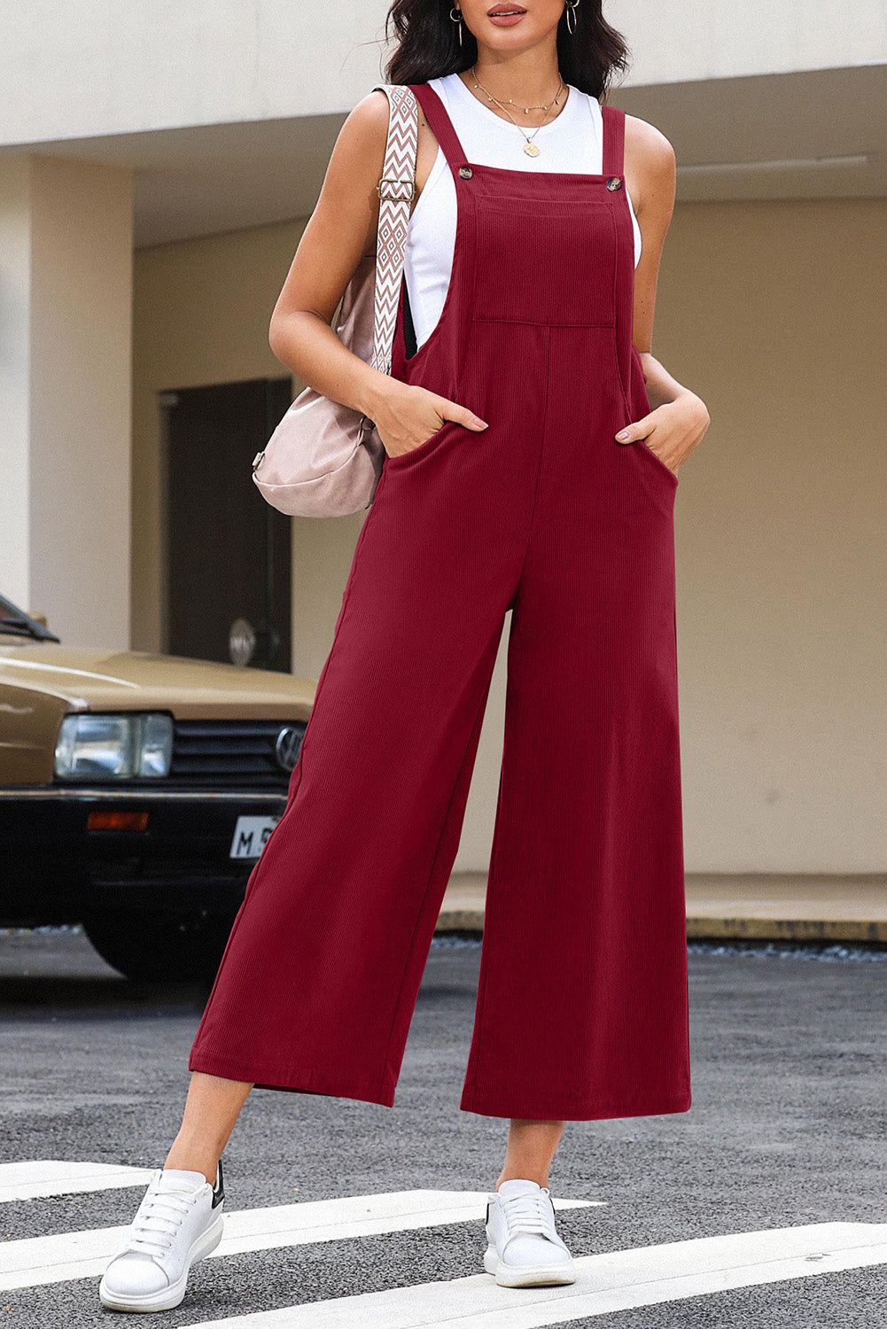 Red Corduroy Side Pockets Wide Leg Overall - Yara fashion  70759013 Red Corduroy Side Pockets Wide Leg Overall 