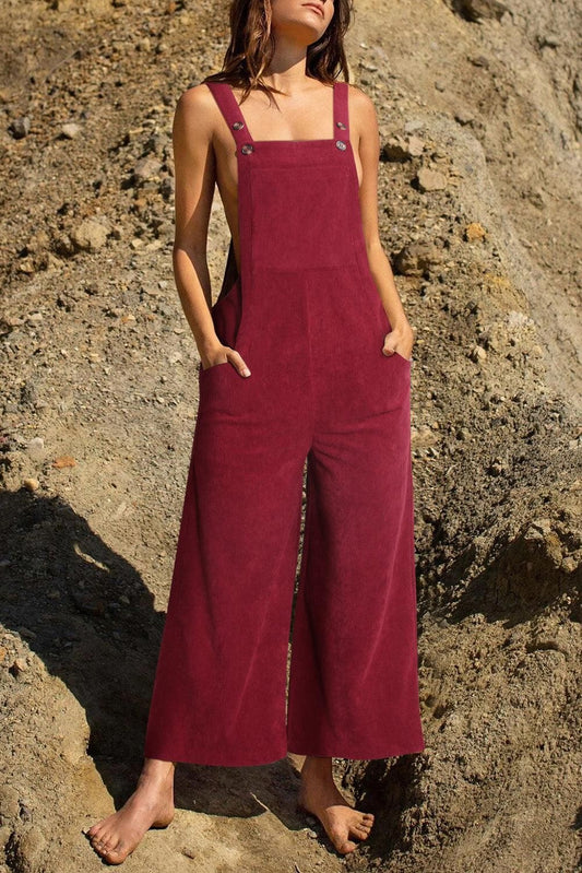 Red Corduroy Side Pockets Wide Leg Overall - Yara fashion  80091809 Red Corduroy Side Pockets Wide Leg Overall 