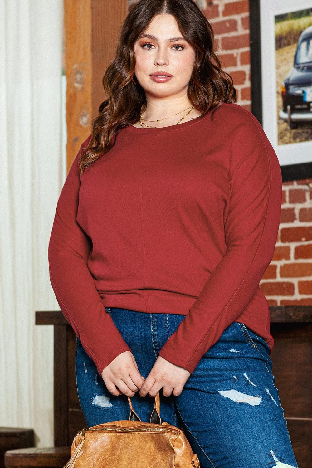 Red Dahlia Piping Detail Plus Size Long Sleeve Top - Yara fashion  55840888 Red Dahlia Piping Detail Plus Size Long Sleeve Top 