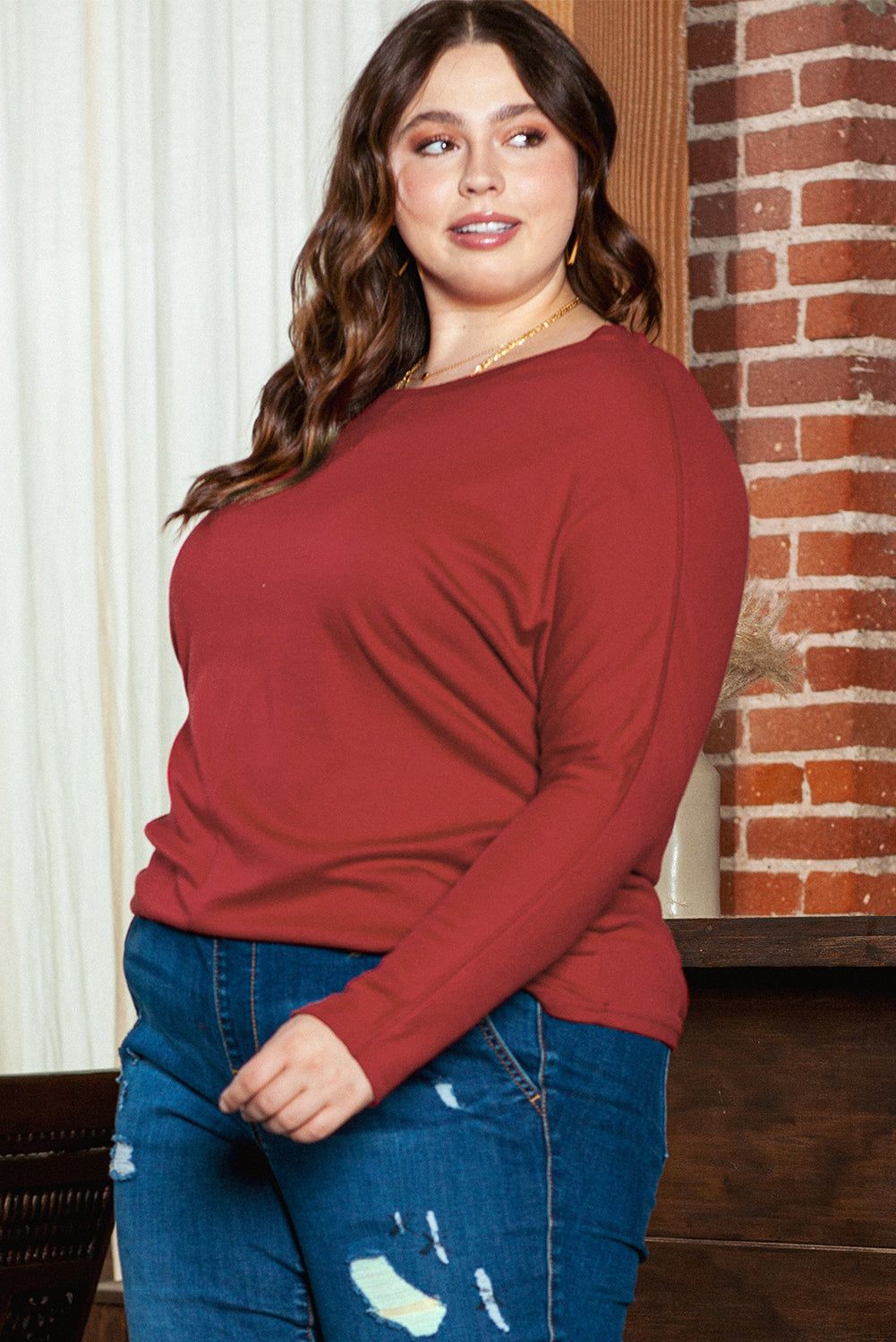 Red Dahlia Piping Detail Plus Size Long Sleeve Top - Yara fashion  27996135 Red Dahlia Piping Detail Plus Size Long Sleeve Top 