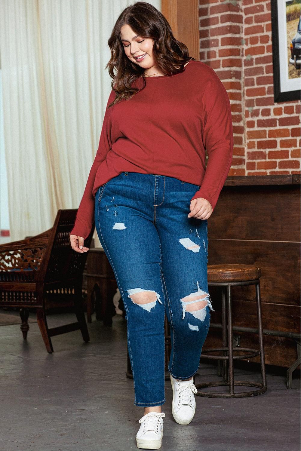 Red Dahlia Piping Detail Plus Size Long Sleeve Top - Yara fashion  32144503 Red Dahlia Piping Detail Plus Size Long Sleeve Top 