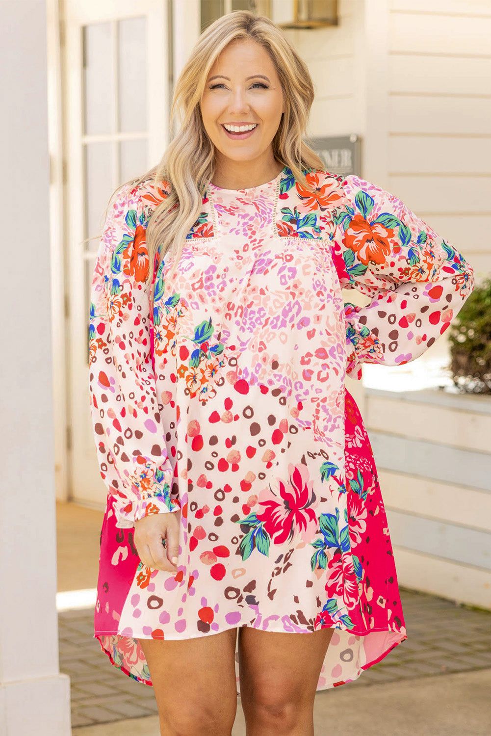 Rose Floral Long Sleeve Plus Size Shift Dress - Yara fashion  75138179 Rose Floral Long Sleeve Plus Size Shift Dress 