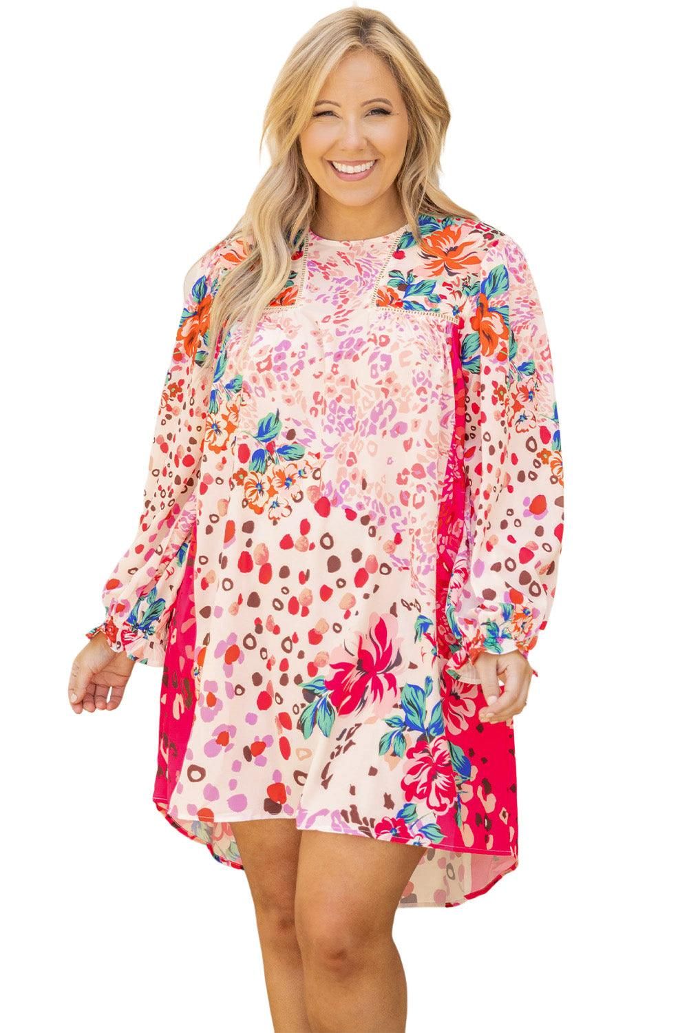 Rose Floral Long Sleeve Plus Size Shift Dress - Yara fashion  51708513 Rose Floral Long Sleeve Plus Size Shift Dress 