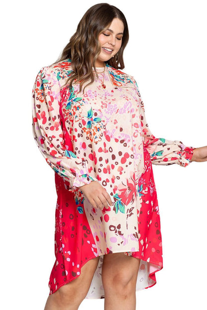 Rose Floral Long Sleeve Plus Size Shift Dress - Yara fashion  93194448 Rose Floral Long Sleeve Plus Size Shift Dress 