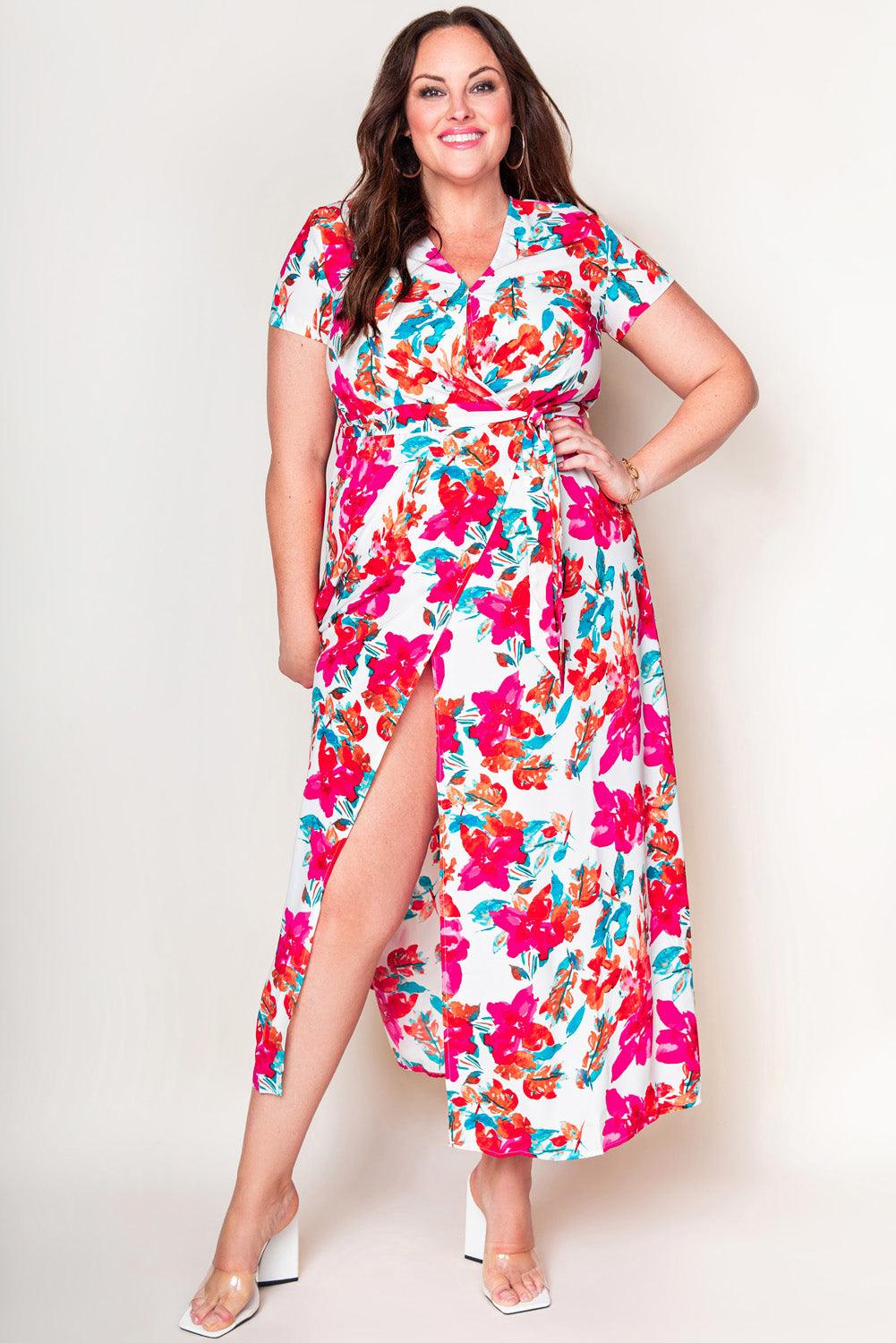 Rose Plus Size Floral Print Wrap Slit Dress - Yara fashion  22054094 Rose Plus Size Floral Print Wrap Slit Dress 