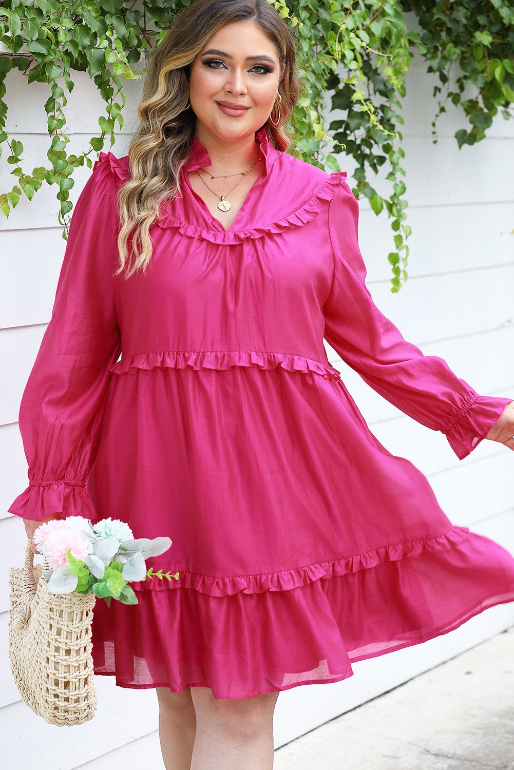 Rose Plus Size Ruffled Bubble Sleeve Dress - Yara fashion  54270553 Rose Plus Size Ruffled Bubble Sleeve Dress 