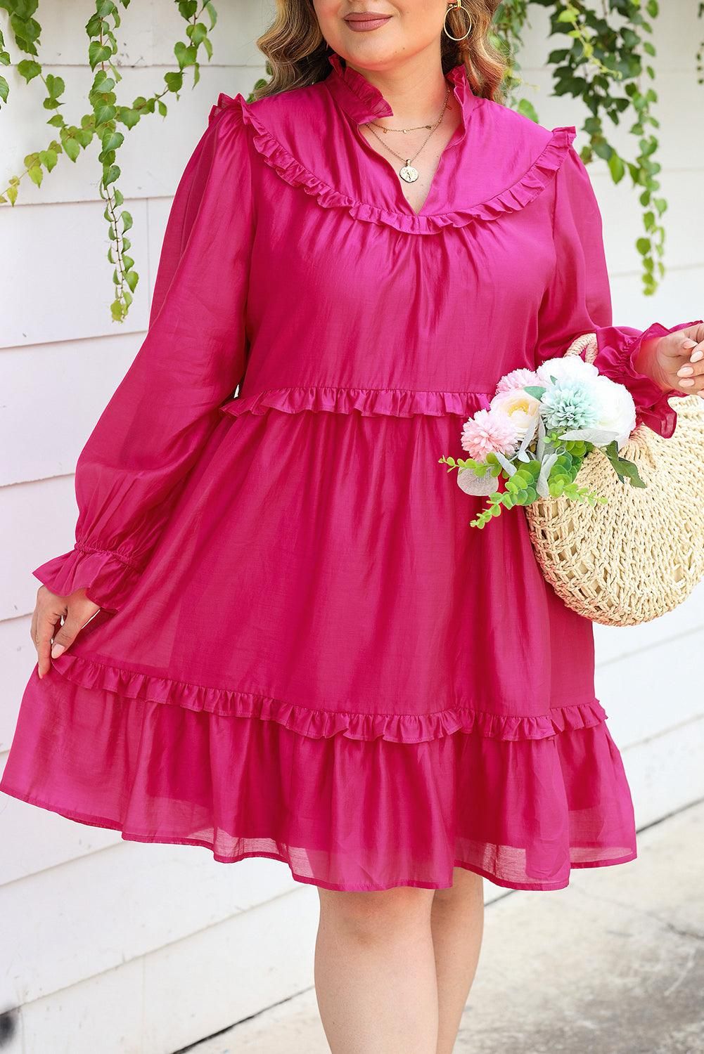 Rose Plus Size Ruffled Bubble Sleeve Dress - Yara fashion  94920641 Rose Plus Size Ruffled Bubble Sleeve Dress 