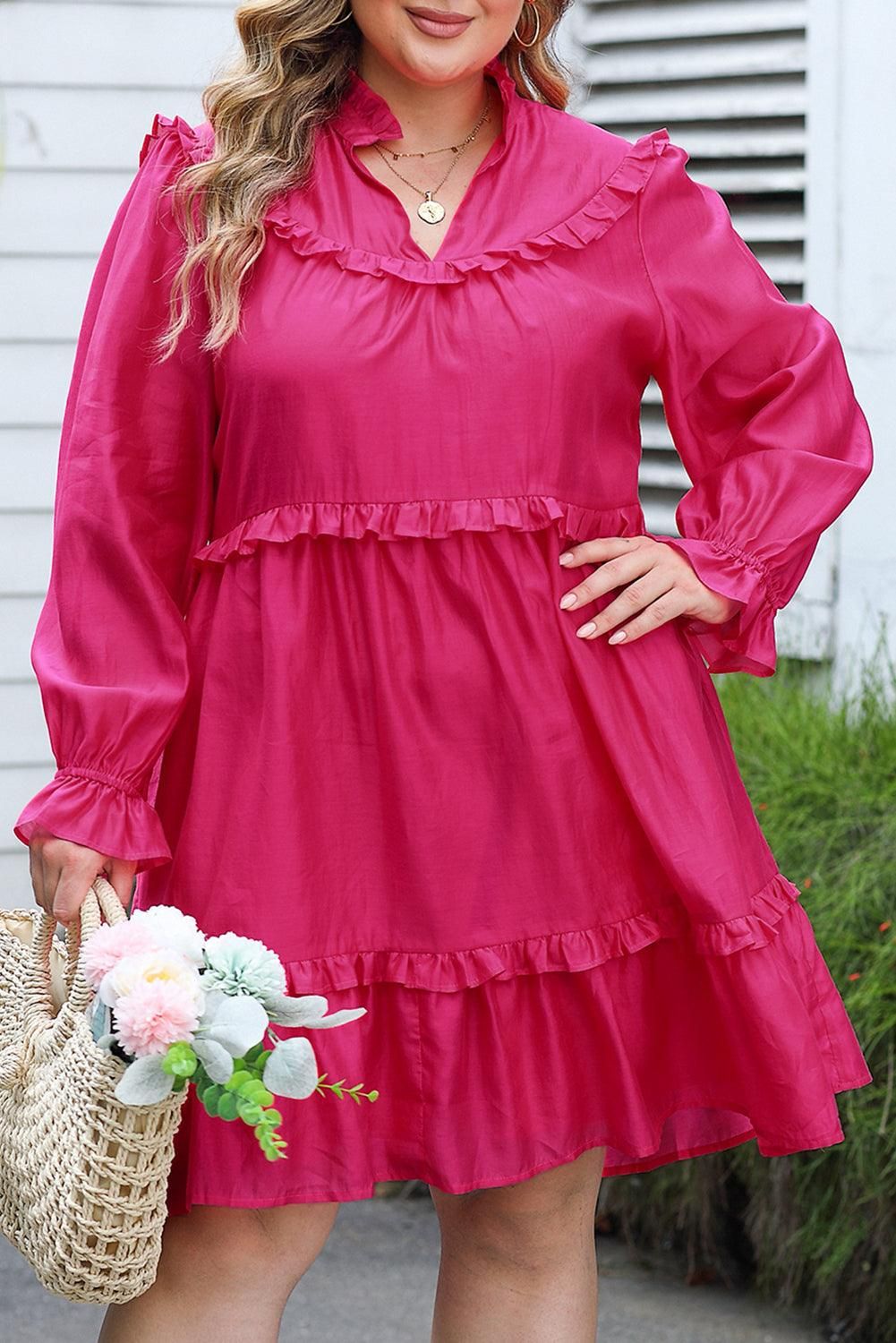 Rose Plus Size Ruffled Bubble Sleeve Dress - Yara fashion  35340382 Rose Plus Size Ruffled Bubble Sleeve Dress 