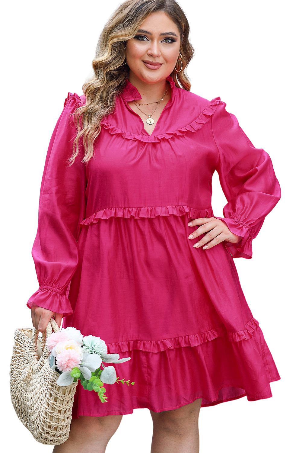 Rose Plus Size Ruffled Bubble Sleeve Dress - Yara fashion  50198366 Rose Plus Size Ruffled Bubble Sleeve Dress 