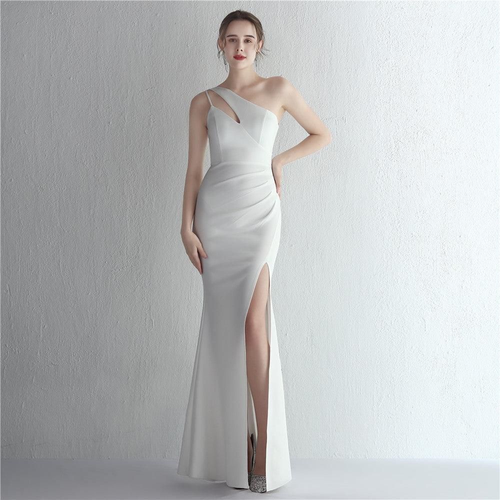 Satin Slim Fit One Shoulder Long Debutante Gala Dinner Slimming Fishtail Wedding Car Model Exhibition Dress - Yara fashion  29910328 Satin Slim Fit One Shoulder Long Debutante Gala Dinner Slimming Fishtail Wedding Car Model Exhibition Dress 