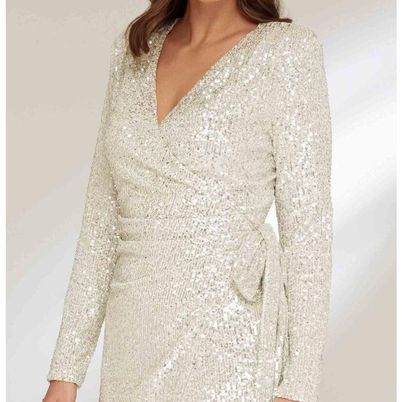 Sequin Office V neck Long Sleeve Lace up Sheath Dress - Yara fashion  91652853 Sequin Office V neck Long Sleeve Lace up Sheath Dress 