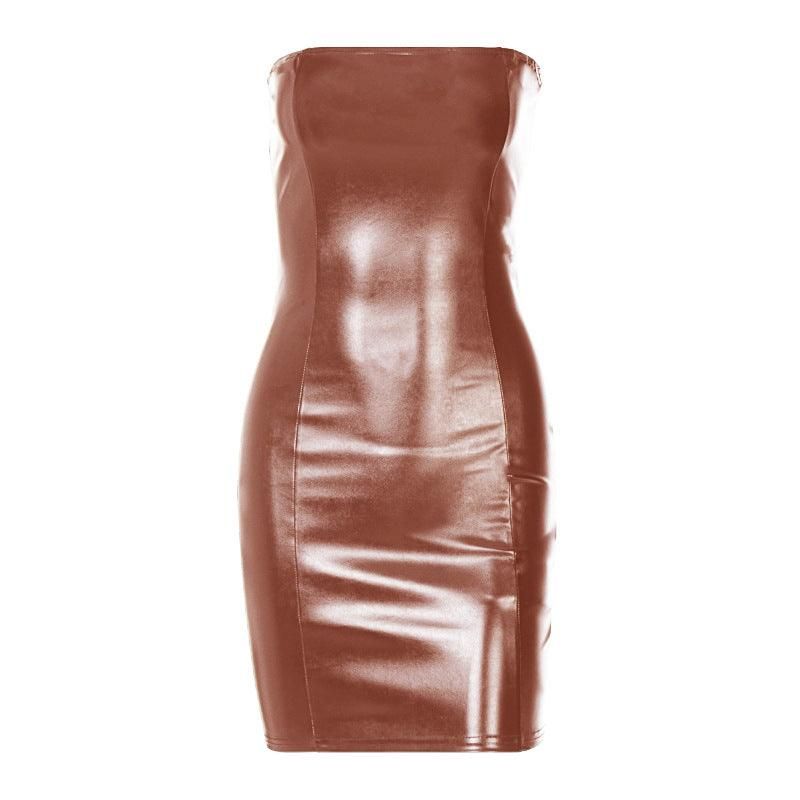 Sexy Bandeau Slim Fit Slimming Sheath Women Faux Leather Dress Women Clothing - Yara fashion  61147491 Sexy Bandeau Slim Fit Slimming Sheath Women Faux Leather Dress Women Clothing 