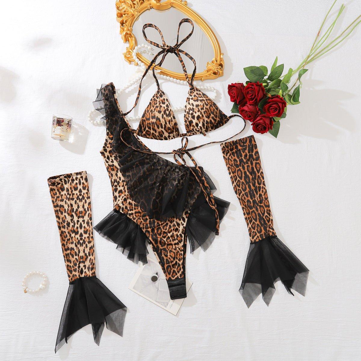 Sexy Halter Leopard Print Gloves Underwear Adjustable Crotch Sexy Three Piece Set - Yara fashionYara fashion