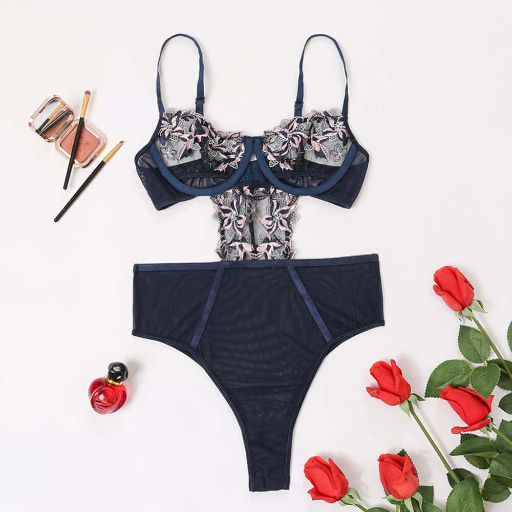 Sexy High Waist Mesh Blue Dark Embroidered Sexy Jumpsuit - Yara fashion  57107845 Sexy High Waist Mesh Blue Dark Embroidered Sexy Jumpsuit 