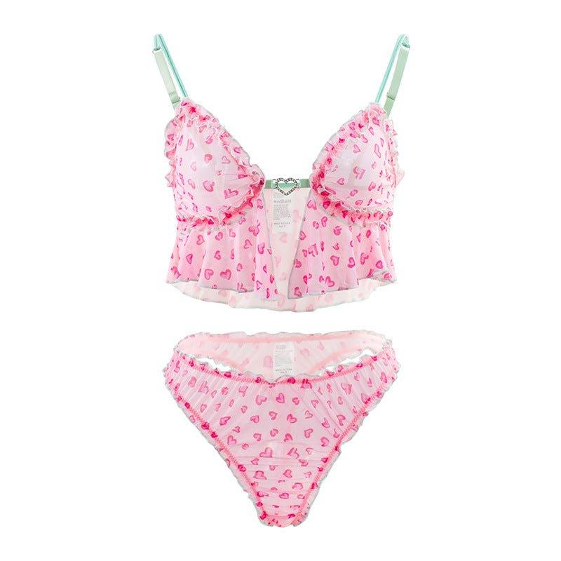 Sexy Lingerie Cute Girl Cute Pink Sling Heart Printing Thin Sexy See through Two Piece Sets - Yara fashionYara fashion