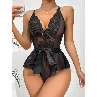 Sexy Lingerie Lace Transparent One Piece Bodysuit For Women Hollow Out Underwear Lace Up Teddy Erotic Lingerie Babydoll Leotards - Yara fashion  78384202 Sexy Lingerie Lace Transparent One Piece Bodysuit For Women Hollow Out Underwear Lace Up Teddy Erotic Lingerie Babydoll Leotards 