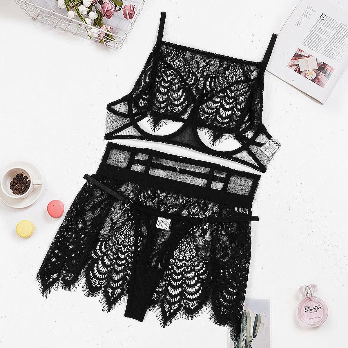 Sexy Lingerie Suit Sexy Lace Eyelash Lace Cutout See Through Three Piece Set - Yara fashion  18250665 Sexy Lingerie Suit Sexy Lace Eyelash Lace Cutout See Through Three Piece Set 