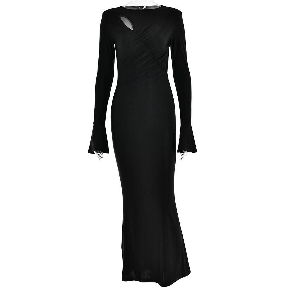 Sexy Long Sleeve round Neck Stitching Ruffle Horn Long Sleeve Narrow Slim Fit Maxi Dress - Yara fashion  69117153 Sexy Long Sleeve round Neck Stitching Ruffle Horn Long Sleeve Narrow Slim Fit Maxi Dress 