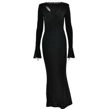 Sexy Long Sleeve round Neck Stitching Ruffle Horn Long Sleeve Narrow Slim Fit Maxi Dress - Yara fashion  69117153 Sexy Long Sleeve round Neck Stitching Ruffle Horn Long Sleeve Narrow Slim Fit Maxi Dress 