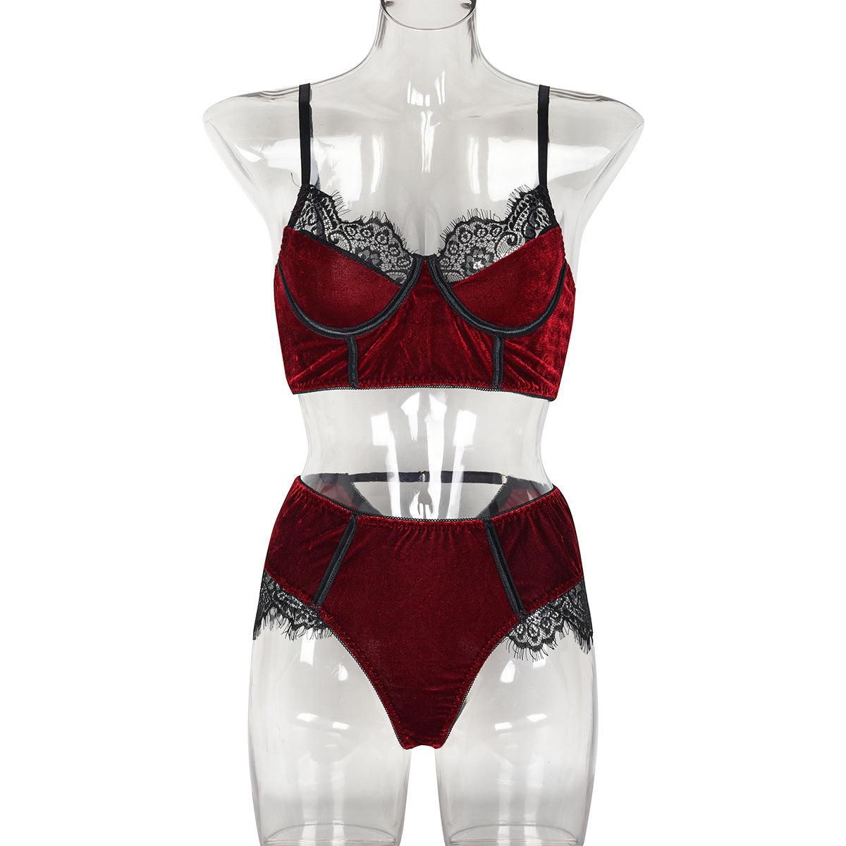 Sexy Underwear Autumn Burgundy Velvet Stitching Lace Comfortable Sexy Lingerie Set - Yara fashion  20921960 Sexy Underwear Autumn Burgundy Velvet Stitching Lace Comfortable Sexy Lingerie Set 