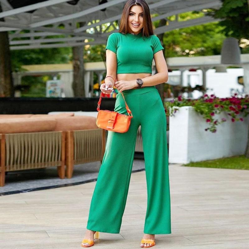 Short Sleeved Women Sexy Cropped T shirt Summer Trousers Women Two Piece Set - Yara fashion  81519236 Short Sleeved Women Sexy Cropped T shirt Summer Trousers Women Two Piece Set 