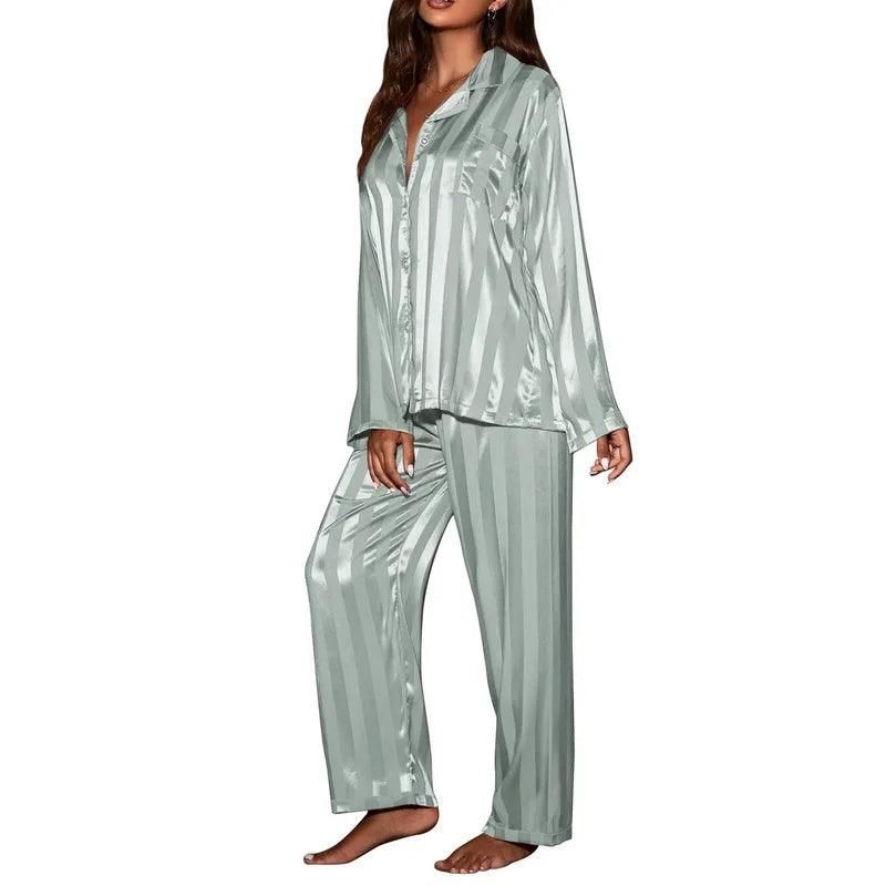 Silk Striped Pajama Set - Comfortable & Stylish for Women - Yara fashion  91682012 Silk Striped Pajama Set - Comfortable & Stylish for Women 