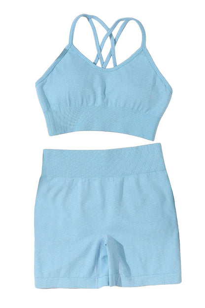 Sky Blue Ribbed Trim Strappy High Waist Active Set - Yara fashion  60884303 Sky Blue Ribbed Trim Strappy High Waist Active Set 