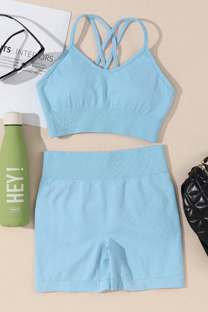 Sky Blue Ribbed Trim Strappy High Waist Active Set - Yara fashion  22320816 Sky Blue Ribbed Trim Strappy High Waist Active Set 