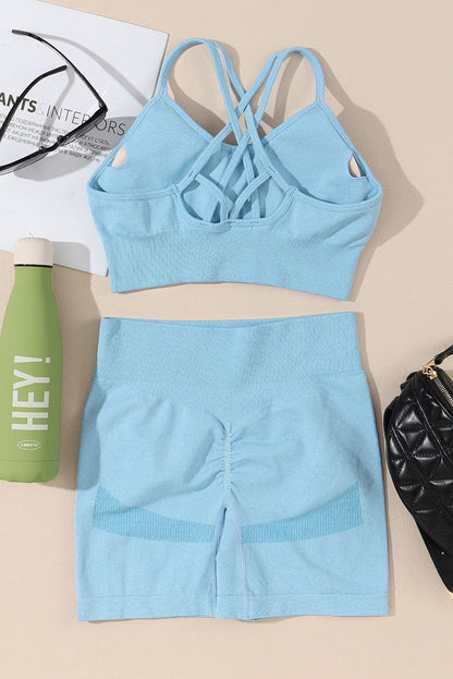 Sky Blue Ribbed Trim Strappy High Waist Active Set - Yara fashion  19428143 Sky Blue Ribbed Trim Strappy High Waist Active Set 