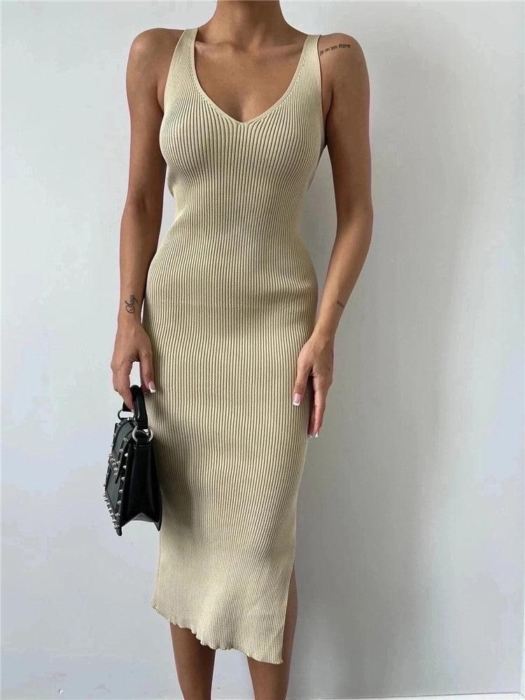 Sleeveless Knitted Mid Length Tight Summer V neck Split Elegant Dress for Women - Yara fashion  1836182 Sleeveless Knitted Mid Length Tight Summer V neck Split Elegant Dress for Women 