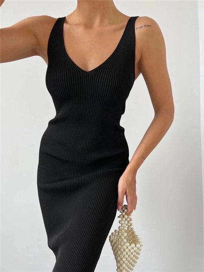 Sleeveless Knitted Mid Length Tight Summer V neck Split Elegant Dress for Women - Yara fashion  28871395 Sleeveless Knitted Mid Length Tight Summer V neck Split Elegant Dress for Women 