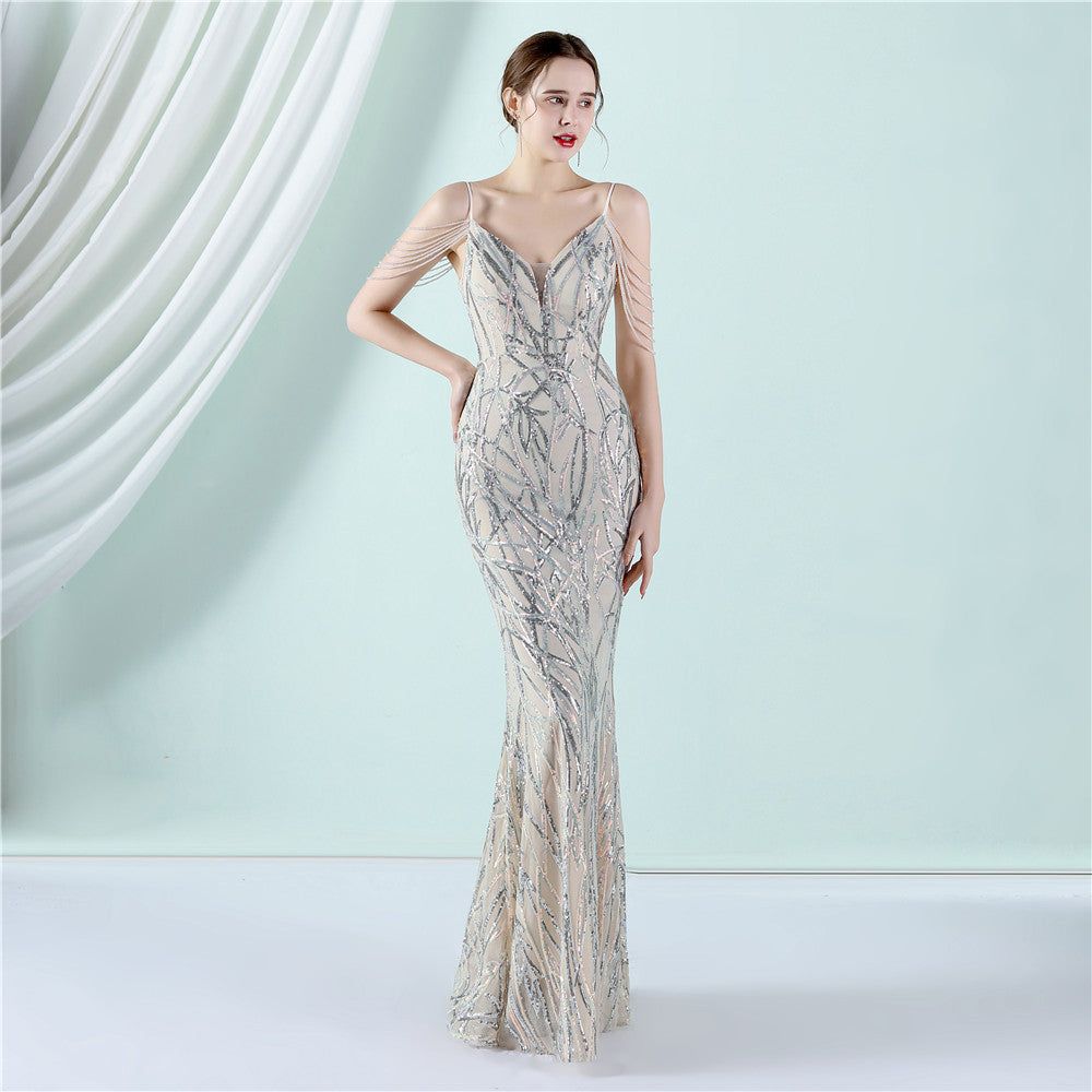 Sling Sequin Toast Dress Bride Long Appreciation Dinner Slim-Fit Fishtail Wedding Car Model Exhibition Dress - Yara fashion  99423192 Sling Sequin Toast Dress Bride Long Appreciation Dinner Slim-Fit Fishtail Wedding Car Model Exhibition Dress 