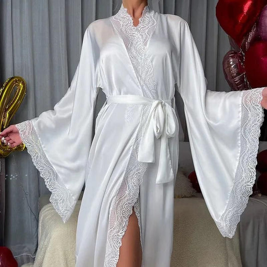 Spring and Summer Solid Color Satin Pajamas Robes for Women Lace Luxury Long-sleeved Cool Bathrobe Homewear Clothes Women - Yara fashion  47119338 Spring and Summer Solid Color Satin Pajamas Robes for Women Lace Luxury Long-sleeved Cool Bathrobe Homewear Clothes Women 