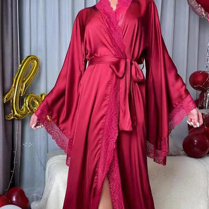 Spring and Summer Solid Color Satin Pajamas Robes for Women Lace Luxury Long-sleeved Cool Bathrobe Homewear Clothes Women - Yara fashion  33679135 Spring and Summer Solid Color Satin Pajamas Robes for Women Lace Luxury Long-sleeved Cool Bathrobe Homewear Clothes Women 