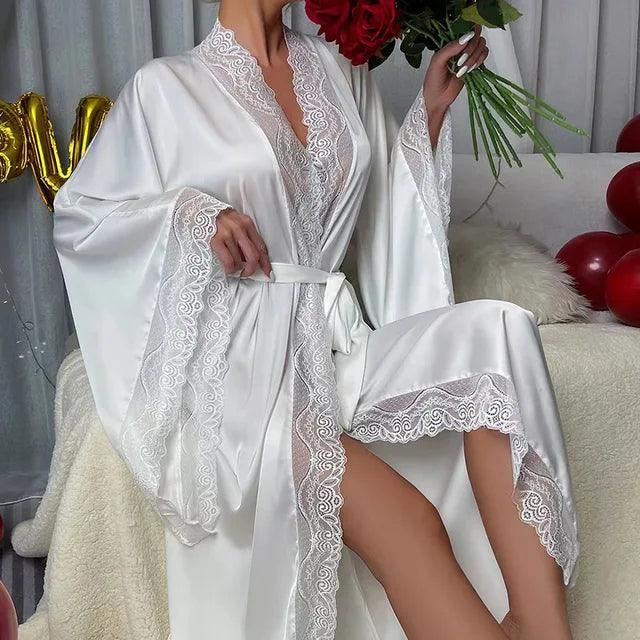 Spring and Summer Solid Color Satin Pajamas Robes for Women Lace Luxury Long-sleeved Cool Bathrobe Homewear Clothes Women - Yara fashion  40559861 Spring and Summer Solid Color Satin Pajamas Robes for Women Lace Luxury Long-sleeved Cool Bathrobe Homewear Clothes Women 