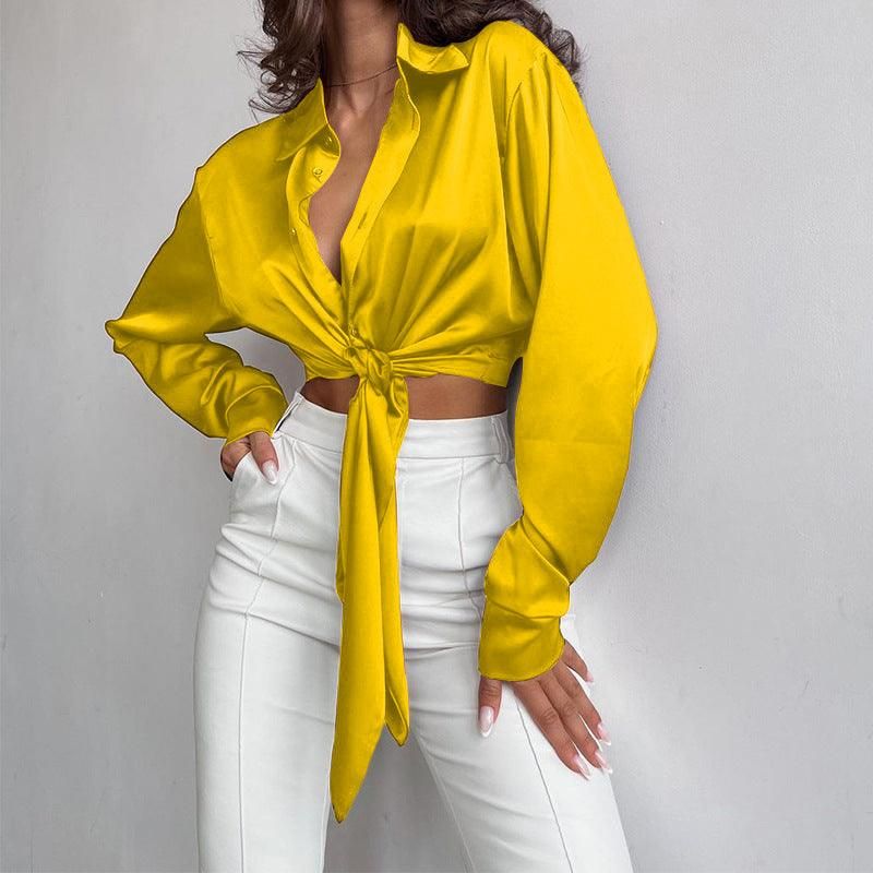 Spring Collared Long Sleeve Cropped Women Cropped Top - Yara fashion  98365268 Spring Collared Long Sleeve Cropped Women Cropped Top 