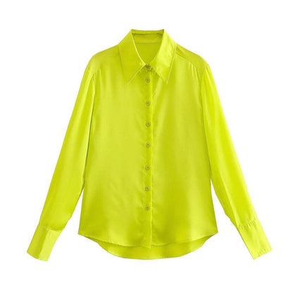 Spring Women Bright Yellow Satin Texture Shirt Top - Yara fashion  21680307 Spring Women Bright Yellow Satin Texture Shirt Top 