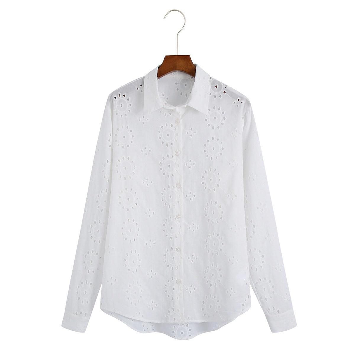 Spring Women White Long Sleeve Hollow Out Cutout Eyelet Embroidered Shirt - Yara fashion  35244010 Spring Women White Long Sleeve Hollow Out Cutout Eyelet Embroidered Shirt 