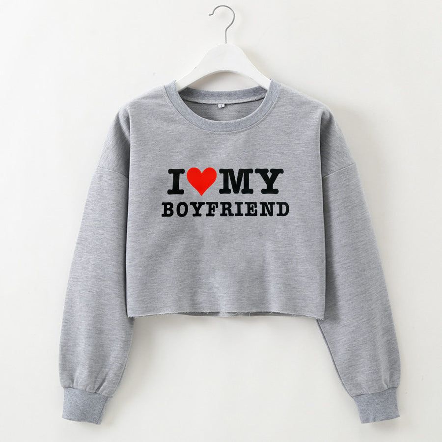 Street Hipster I Love My Boyfriend Printed Short Sweater Autumn Winter Women Clothing - Yara fashion  68684795 Street Hipster I Love My Boyfriend Printed Short Sweater Autumn Winter Women Clothing 