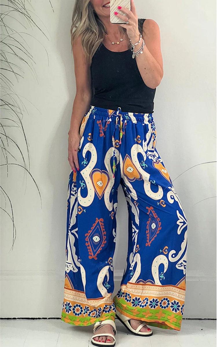 Summer Autumn Printed Pocket Casual Loose Wide Leg Pants Thin Women Trousers - Yara fashion  5489457 Summer Autumn Printed Pocket Casual Loose Wide Leg Pants Thin Women Trousers 