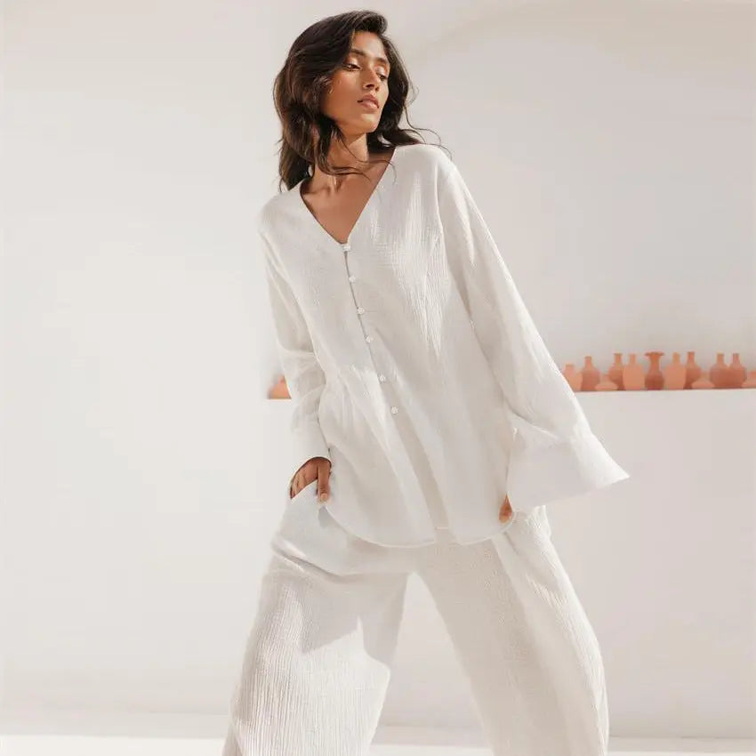 Summer Cotton Long Pajamas Casual Loose Two Piece Set Women Outdoor Home Wear - Yara fashion  63464724 Summer Cotton Long Pajamas Casual Loose Two Piece Set Women Outdoor Home Wear 