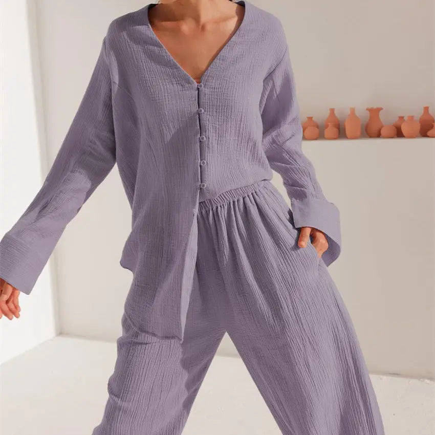 Summer Cotton Long Pajamas Casual Loose Two Piece Set Women Outdoor Home Wear - Yara fashion  34872692 Summer Cotton Long Pajamas Casual Loose Two Piece Set Women Outdoor Home Wear 