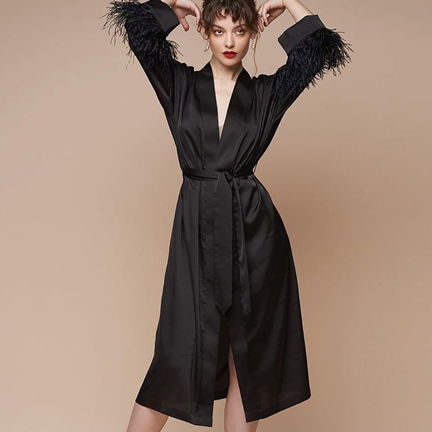 Summer Ostrich Feather Cardigan Nightgown Long Sleeve Solid Color Loose Comfortable Ladies Homewear - Yara fashion  80819975 Summer Ostrich Feather Cardigan Nightgown Long Sleeve Solid Color Loose Comfortable Ladies Homewear 